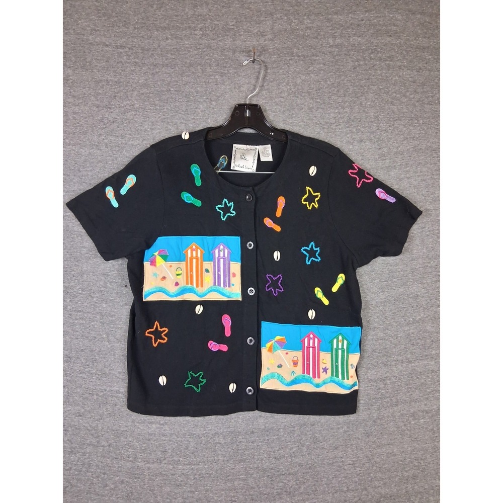 Michael Simon Womens Sweater Small Black Beach Button Cardgian Embroidered Lite